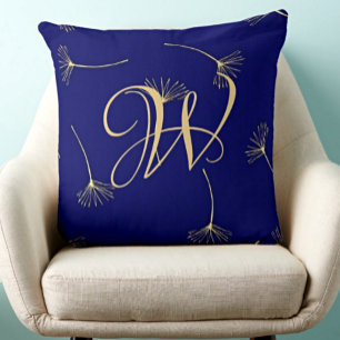 Pale Gold Fluffs Deep Blue Monogram Throw Pillow
