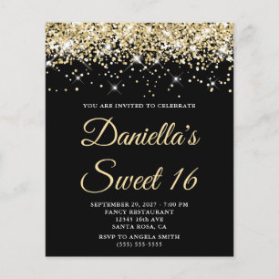 Pale Gold Glitter Black Sweet 16 Budget Invitation
