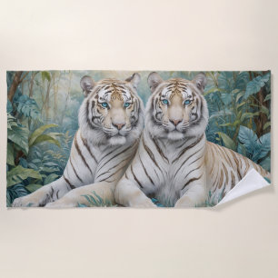 Pale Golden Tigers in a Blue Green Jungle Beach Towel