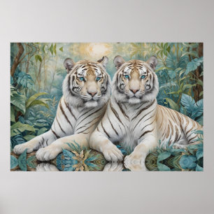 Pale Golden Tigers in a Blue Green Jungle Poster