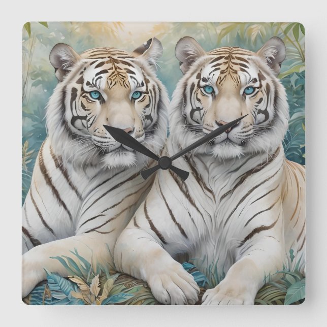 Pale Golden Tigers in a Blue Green Jungle Square Wall Clock (Front)