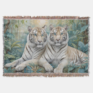 Pale Golden Tigers in a Blue Green Jungle Throw Blanket