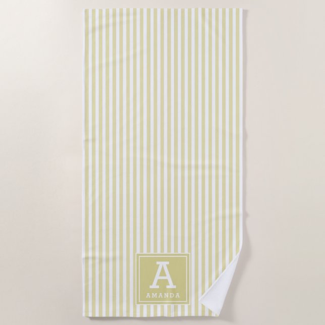 Pale Goldenrod Cabana Stripes Monogrammed Initial Beach Towel (Front)