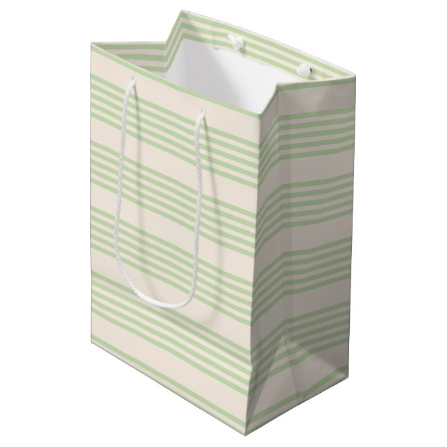 Pale green and beige five stripes pattern medium gift bag (Front Angled)