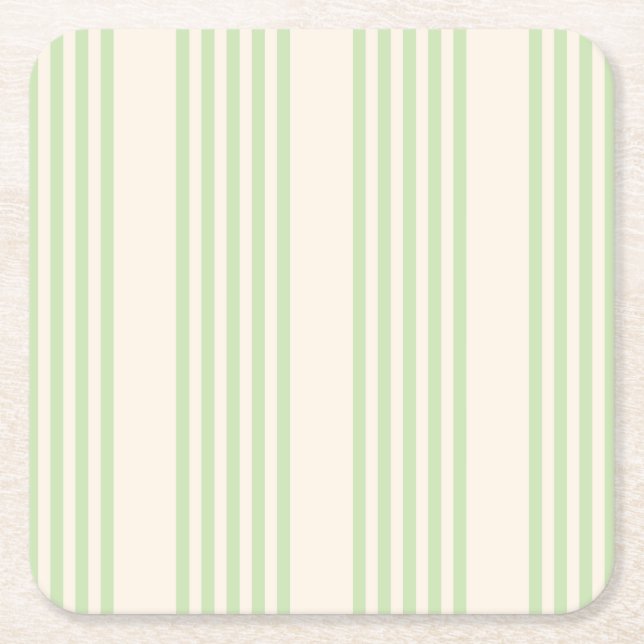Pale green and beige five stripes pattern square paper coaster (Front)