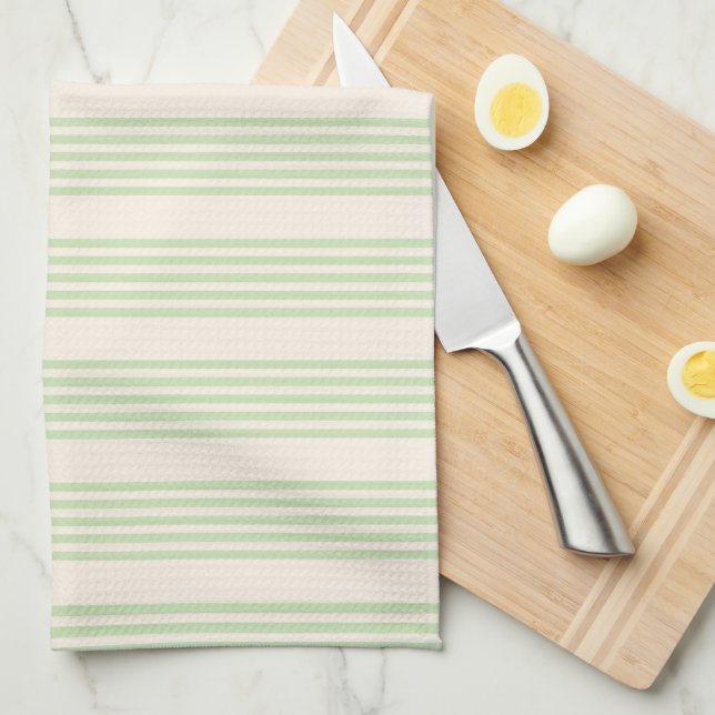 Pale green and beige five stripes pattern tea towel (Quarter Fold)