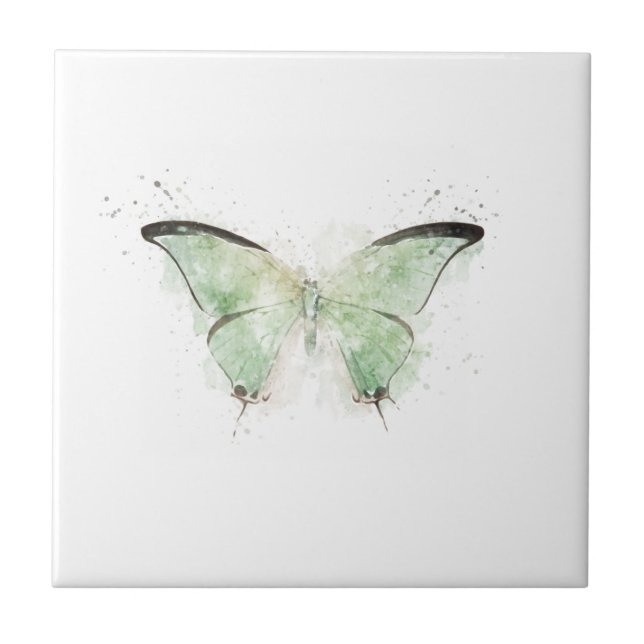 Pale Green and Black Butterfly  Ceramic Tile (Front)