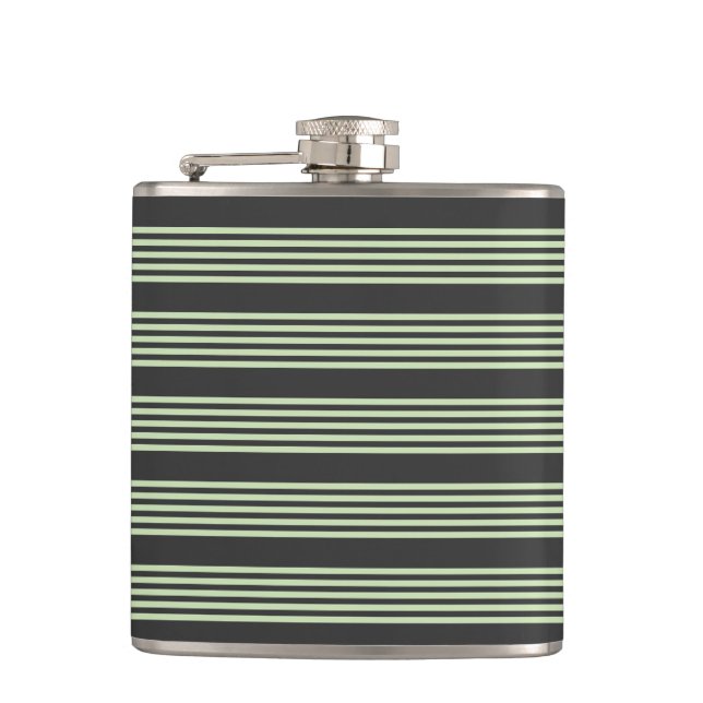 Pale green and charcoal five stripes pattern hip flask (Front)