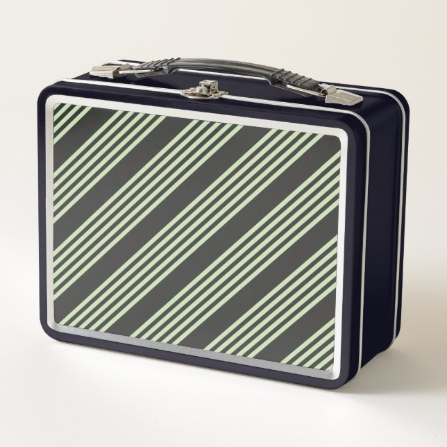 Pale green and charcoal five stripes pattern metal lunch box (Front)
