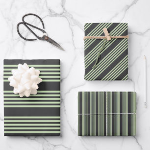Pale green and charcoal five stripes pattern wrapping paper sheet