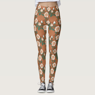 Pale Green And Cream Roses On A Warm Terracotta Leggings