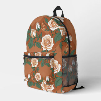 Pale Green And Cream Roses On A Warm Terracotta Printed Backpack