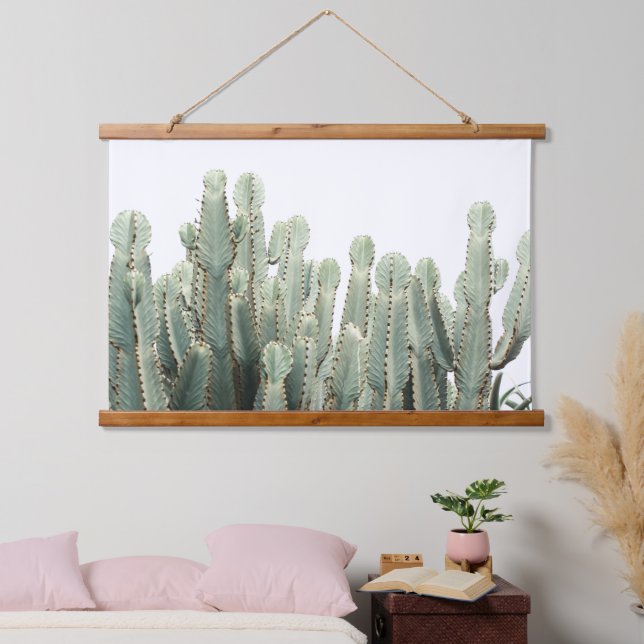 Pale Green Cactus Plants Pattern Minimalism Hanging Tapestry (Bedroom)