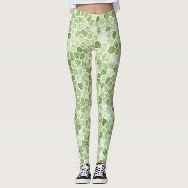 Pale Green Cobbled Patchwork Terrazo Pattern Leggings (Front)