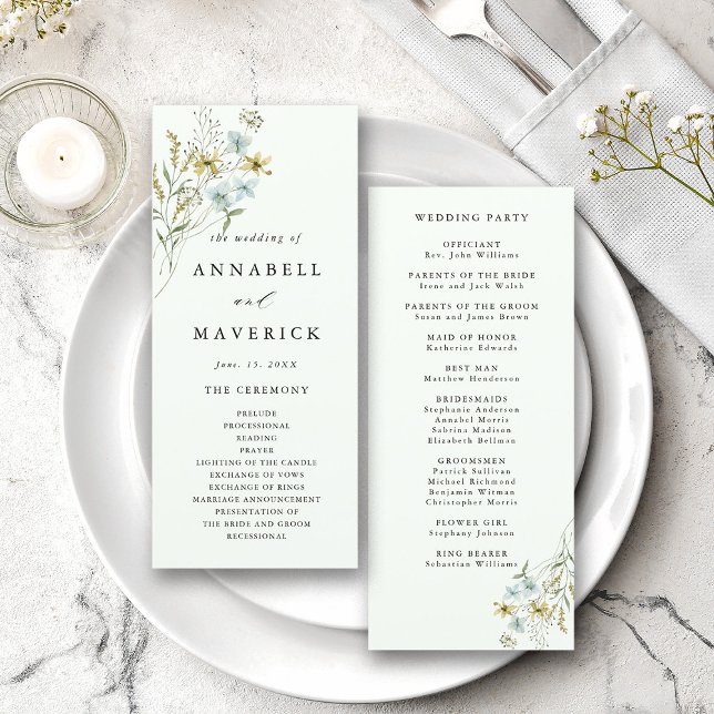 Pale Green Delicate Wildflower Boho Wedding  Program (Front & Back)