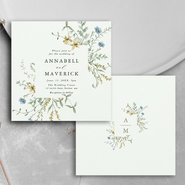 Pale Green Delicate Wildflower Modern Boho Wedding Invitation (Front & Back)
