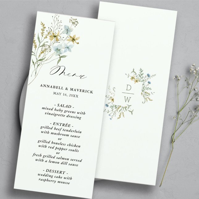 Pale Green Delicate Wildflower Modern Boho Wedding Menu (Front & Back)