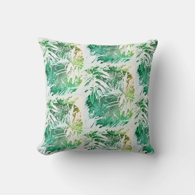 Pale Green Delicious Monster Leaf Painted Cushion (Front)