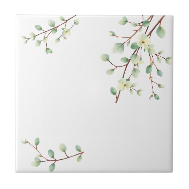 Pale Green Eucalyptus Watercolor Ceramic Tile (Front)