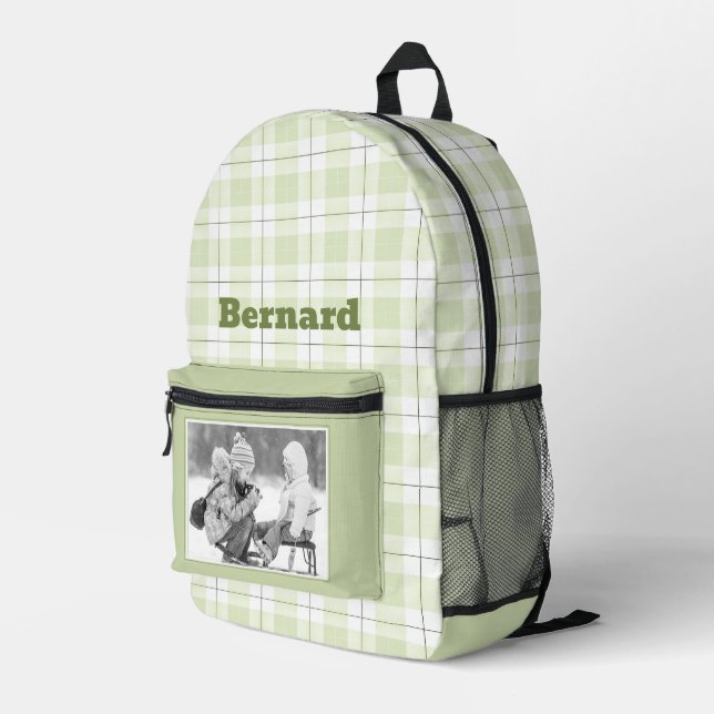 Pale Green Gingham Plaid Pattern Name and Photo Printed Backpack (Back Corner Right)