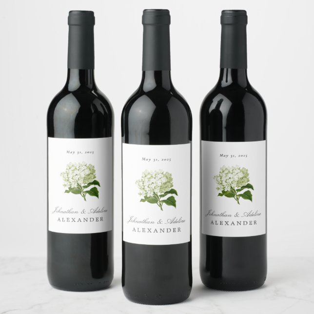 Pale Green Hydrangea Wedding Date and Names Wine Label (Bottles)