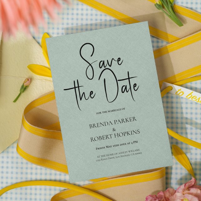 Pale Green Linen Simple Black Script Save The Date Invitation (Creator Uploaded)
