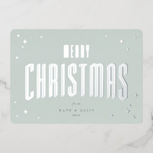 Pale Green Merry Christmas Retro Stars Flat Foil Holiday Card