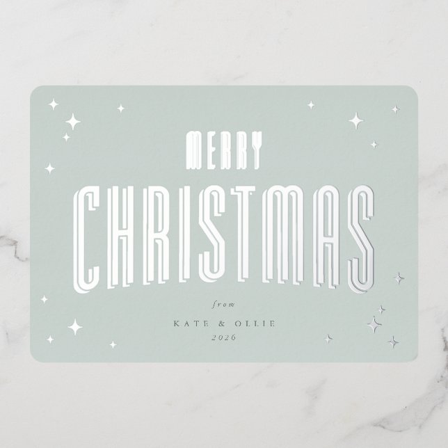 Pale Green Merry Christmas Retro Stars Flat Foil Holiday Card (Front)