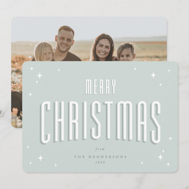 Pale Green Merry Christmas Retro Stars Flat Photo Holiday Card (Front/Back)