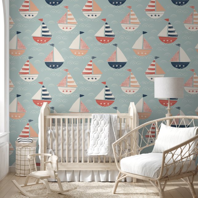 Pale Green Nautical Seamless Pattern Wallpaper (Kids)