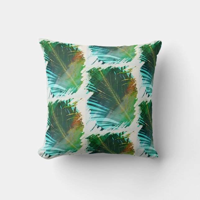 Pale Green Palm Tree Leaf Painted Pattern Cushion (Front)
