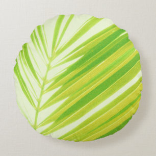 Pale Green Pastel Palm Leaves Round Cushion