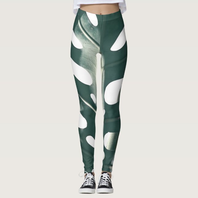 Pale Green Pastel Swiss Cheese Plant Leggings (Front)