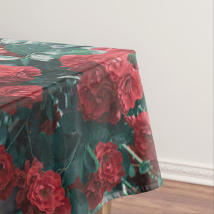 Pale Green Red Roses Flowers Floral Print Tablecloth