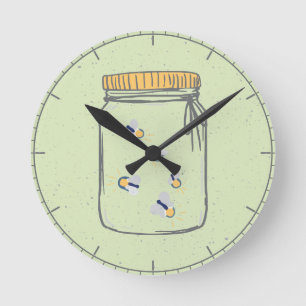 Pale Green Rough Sketch Fireflies in Mason Jar Round Clock