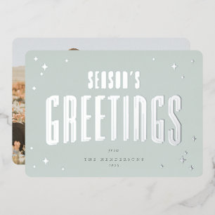 Pale Green Season's Greetings Retro Stars Photo  Foil Holiday Card
