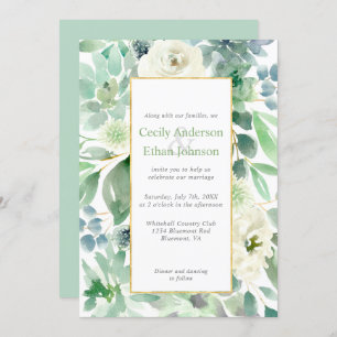 Pale Green Succulents & White Flowers Gold Wedding Invitation