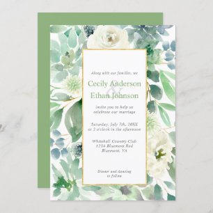 Pale Green Succulents & White Flowers Gold Wedding Invitation