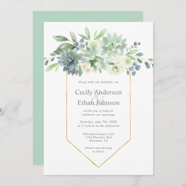 Pale Green Succulents & White Flowers Wedding Invitation (Front/Back)