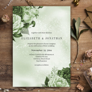 Pale Green Vintage Rose Damask Wedding Invitation