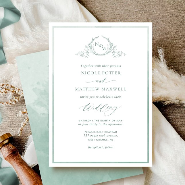 Pale Green Watercolor, Elegant Monogram Wedding Invitation (Creator Uploaded)