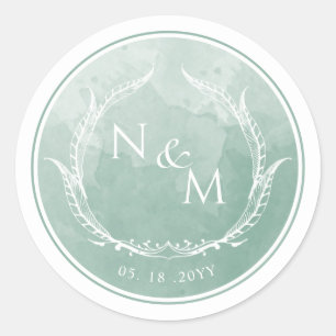 Pale Green Watercolor Monogram Envelope Seal/Favou Classic Round Sticker