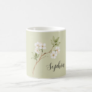 Pale Green White Flowers Personalised Coffee Mug