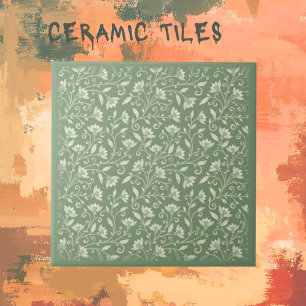 Pale Green with White Florals Ceramic Tile