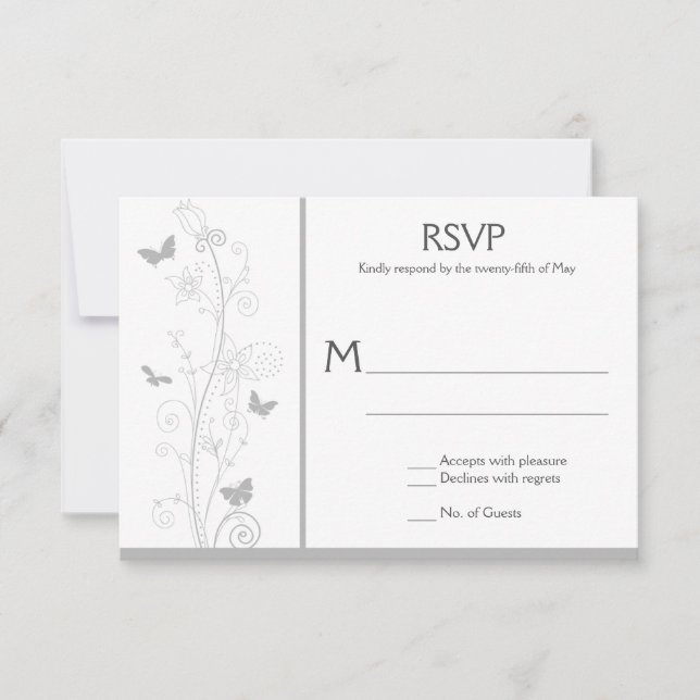 Pale Grey Butterflies Ornate Floral Swirls RSVP Card (Front)