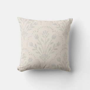 Pale Grey Folk Floral Scallop Pattern Cushion