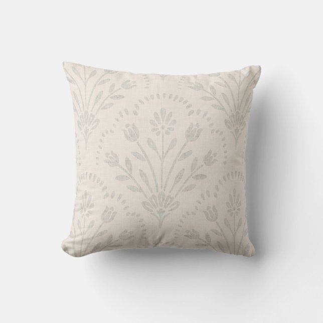 Pale Grey Folk Floral Scallop Pattern Cushion (Front)