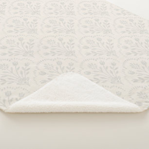 Pale Grey Folk Floral Scallop Pattern Sherpa Blanket