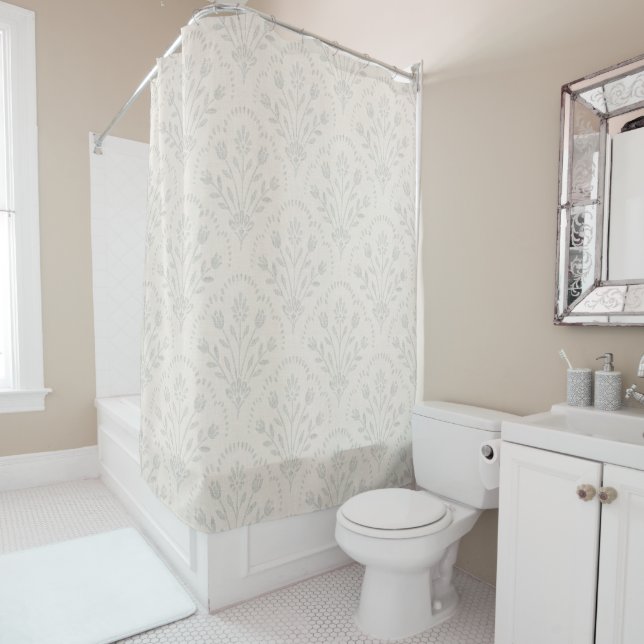 Pale Grey Folk Floral Scallop Pattern Shower Curtain (In Situ)