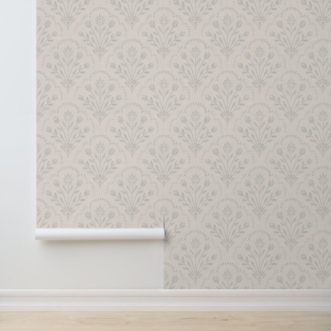 Pale Grey Folk Floral Scallop Pattern Wallpaper (Application)